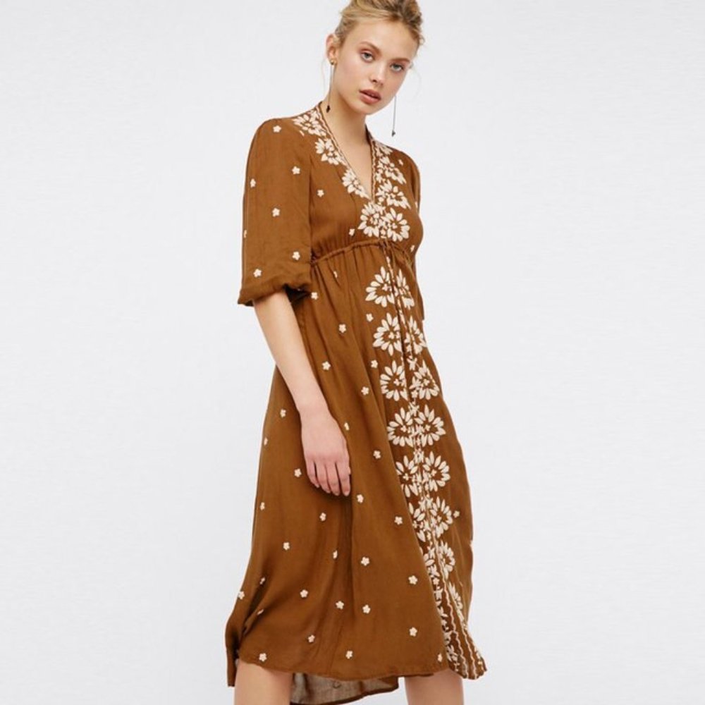 Free People Embroidered Fable Midi Dress - Pea Green